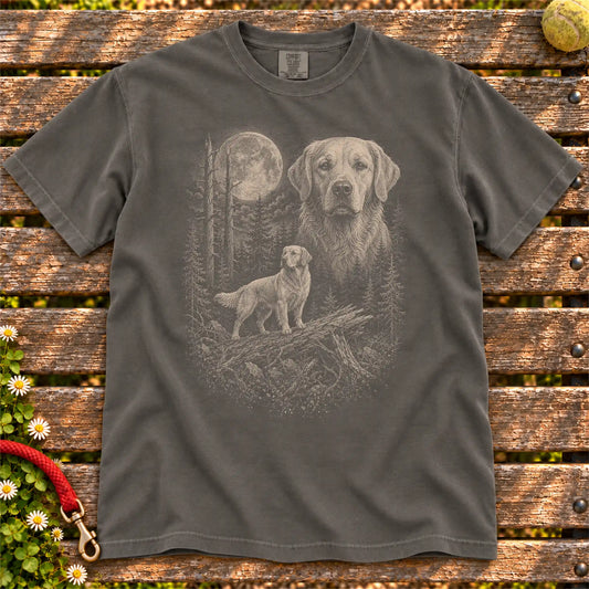 Golden Retriever Moonlit Forest design on a Pepper T-shirt shown flat