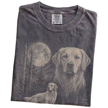 Folded Pepper Golden Retriever Moonlit Forest T-Shirt showing the graphic