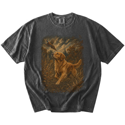 Pepper Golden Retriever Pheasant Hunting T-Shirt laid flat