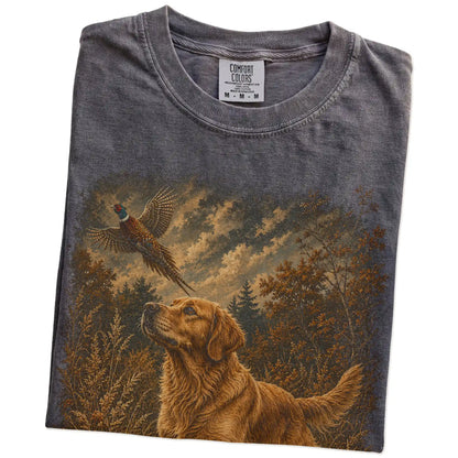 Folded Pepper Golden Retriever Pheasant Hunting T-Shirt showing the graphic