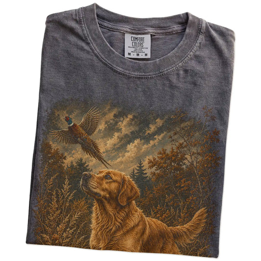Folded Pepper Golden Retriever Pheasant Hunting T-Shirt showing the graphic