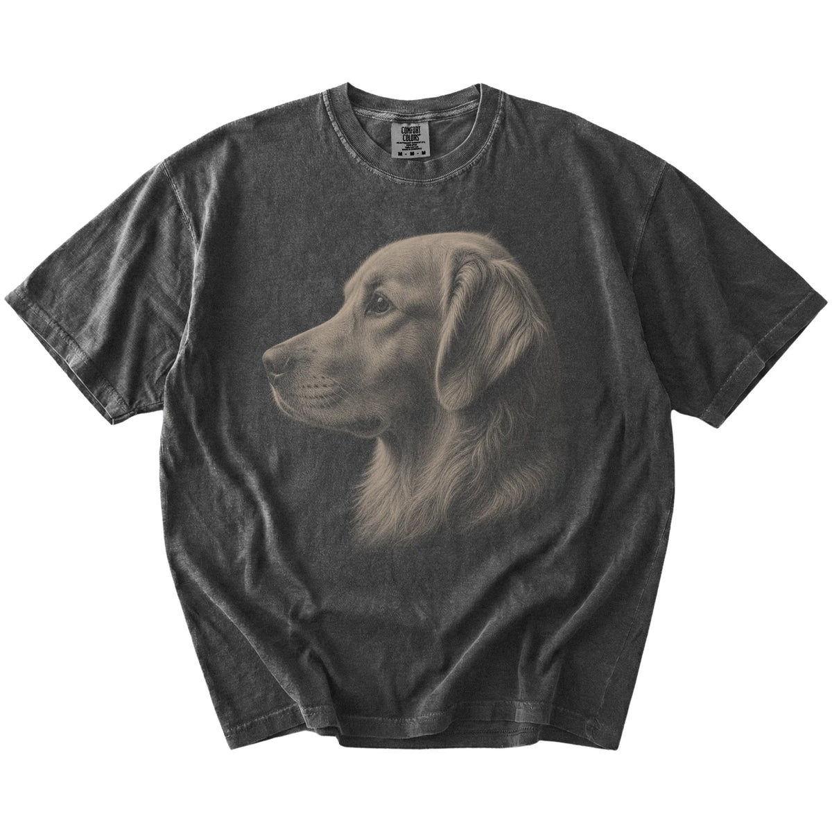 A detailed photographic portrait of a Golden Retriever on a Pepper Comfort Colors® T-shirt