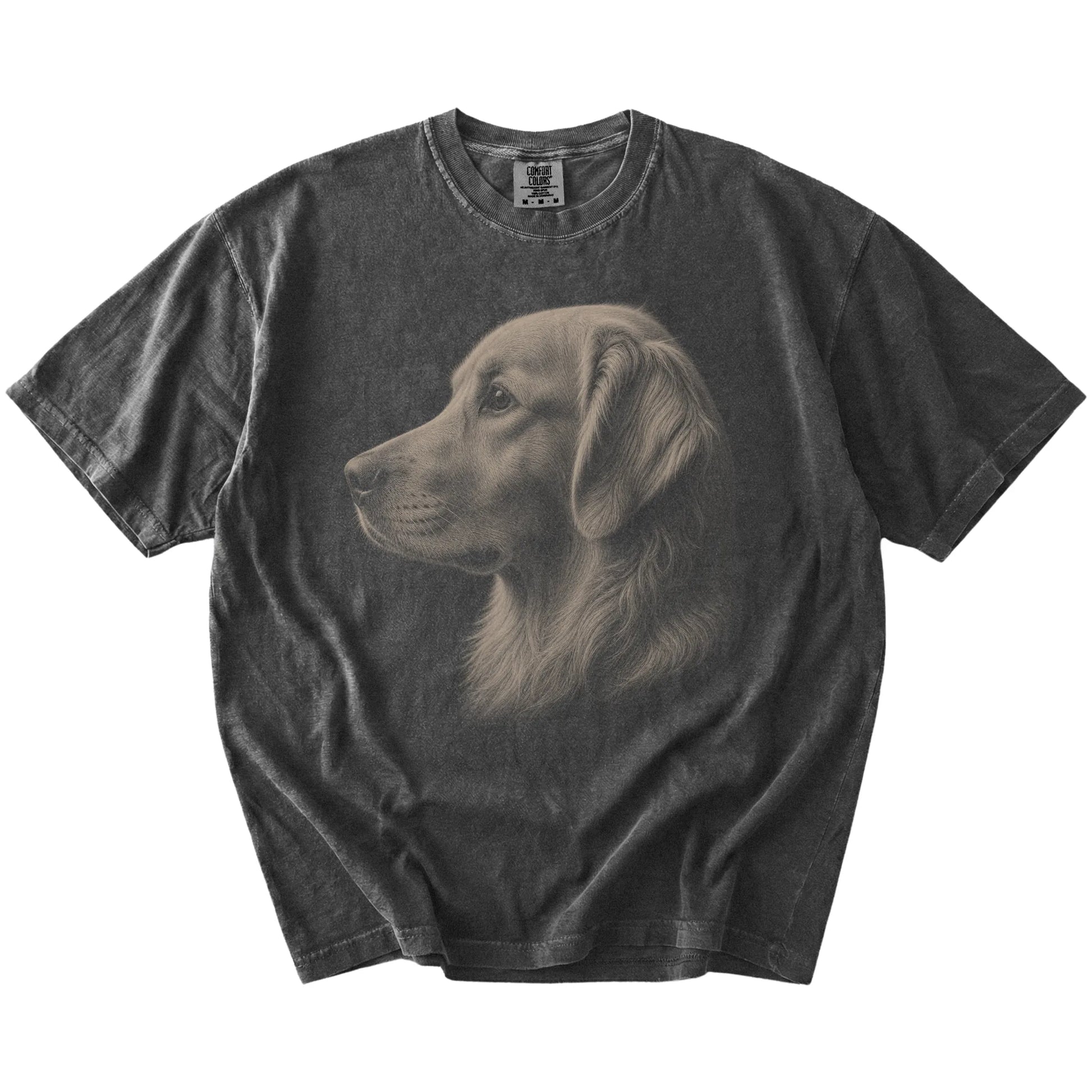 A detailed photographic portrait of a Golden Retriever on a Pepper Comfort Colors® T-shirt