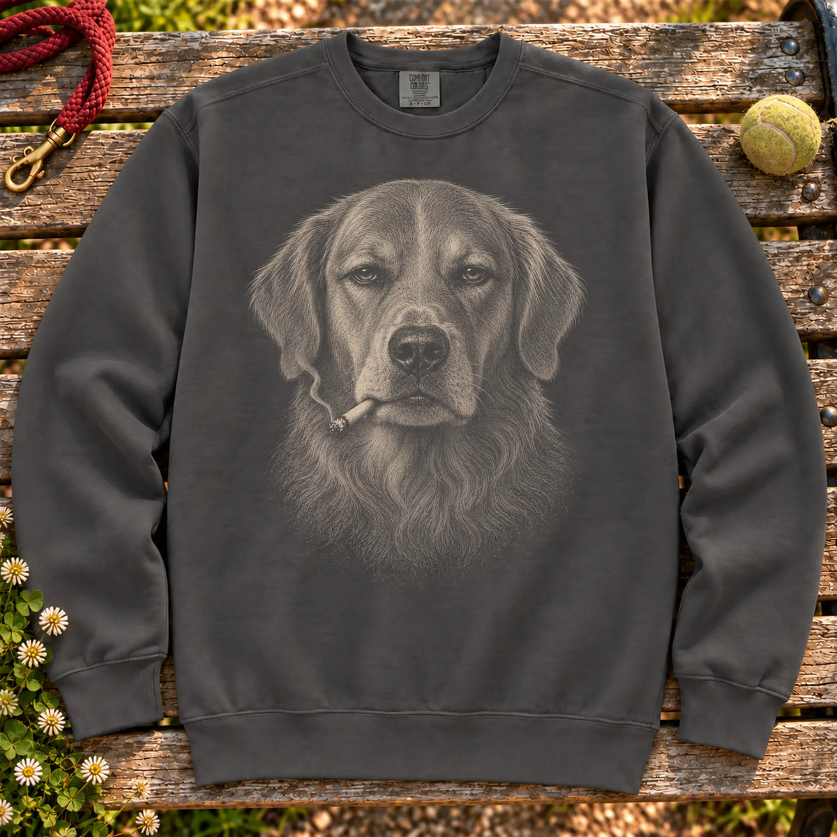 Golden Retriever smoking design on a Pepper sweatshirt
