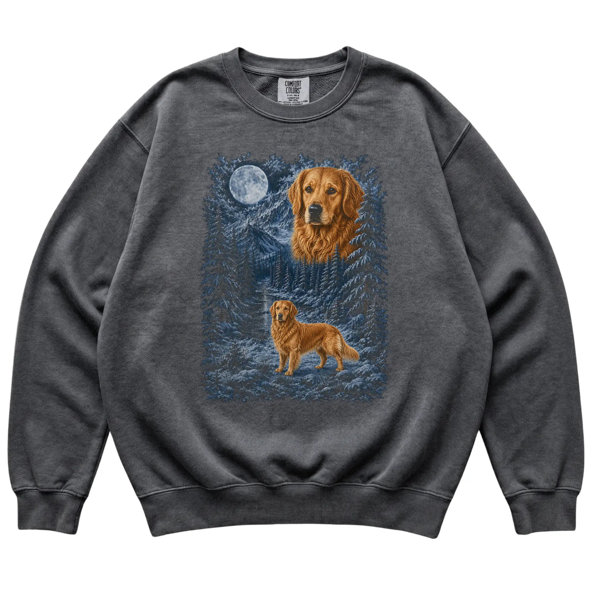 pepper sweatshirt with Golden Retriever Winter Moon artwork.