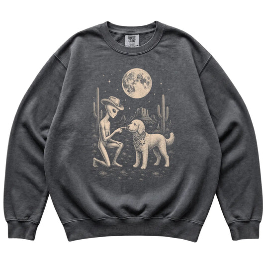 Pepper Comfort Colors® sweatshirt featuring Goldendoodle Cowboy and Alien, laid-flat presentation