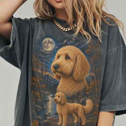 Model wearing a pepper T-shirt with Goldendoodle Autumn Moon artwork.
