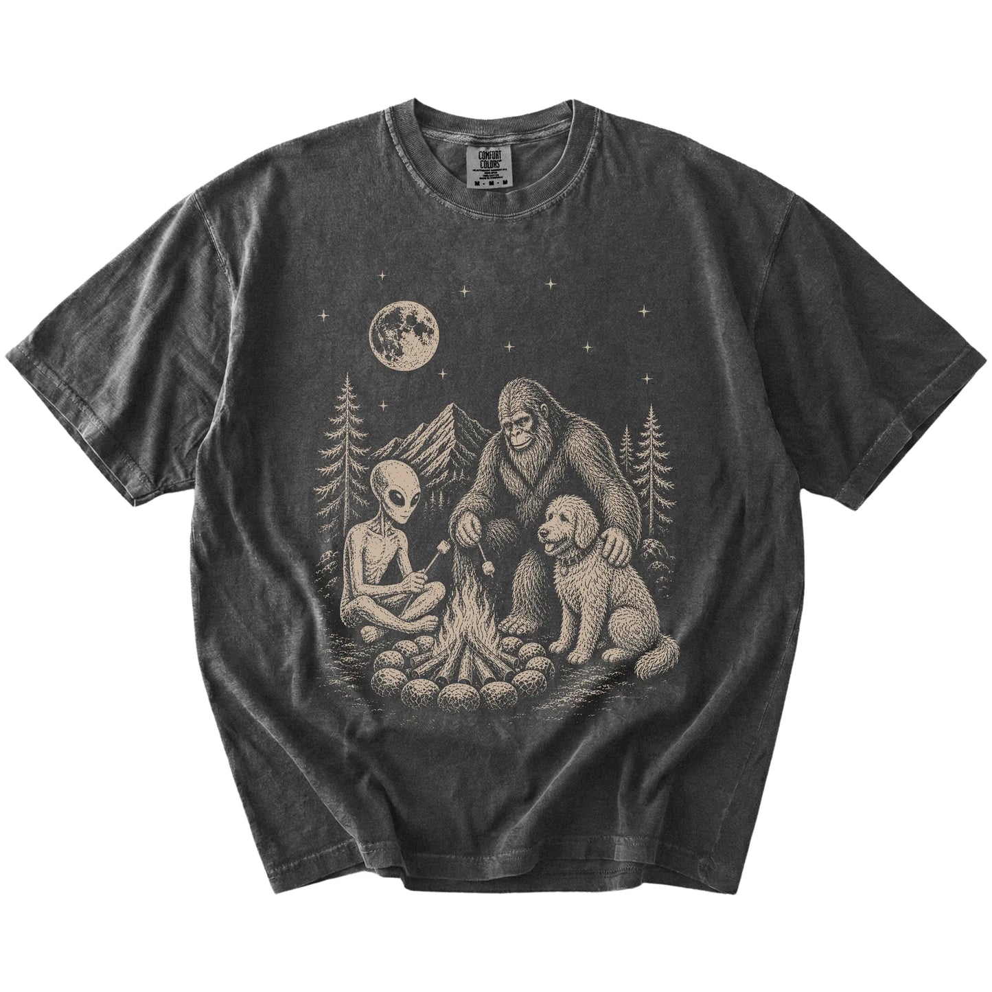Goldendoodle camping with Bigfoot and an alien on a Pepper Comfort Colors® T-shirt