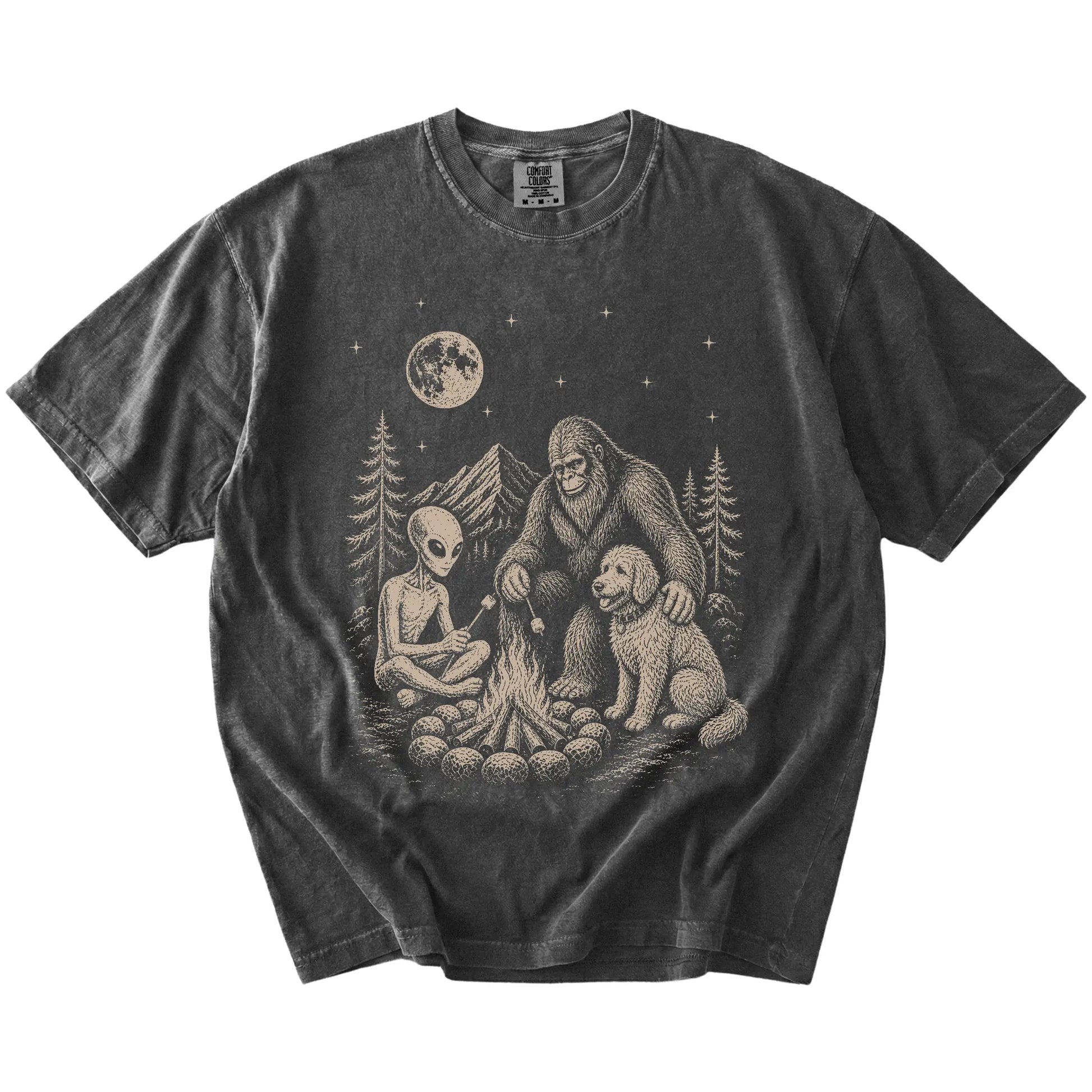 Goldendoodle camping with Bigfoot and an alien on a Pepper Comfort Colors® T-shirt