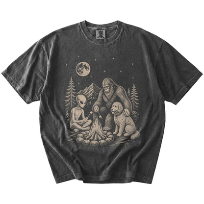 Goldendoodle camping with Bigfoot and an alien on a Pepper Comfort Colors® T-shirt