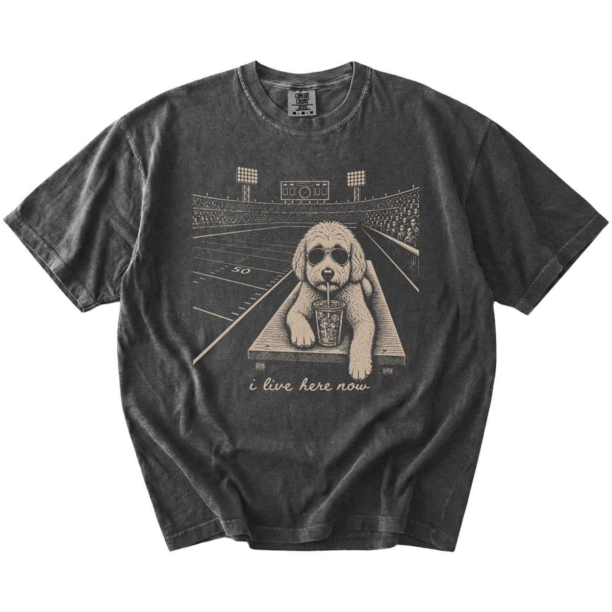 Goldendoodle ready for football and tailgate season on a Pepper Comfort Colors® T-shirt