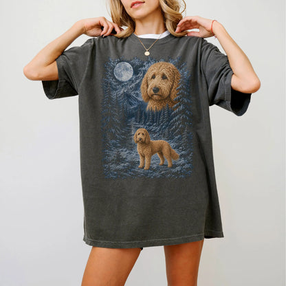 Person wearing a Pepper Goldendoodle winter forest t-shirt