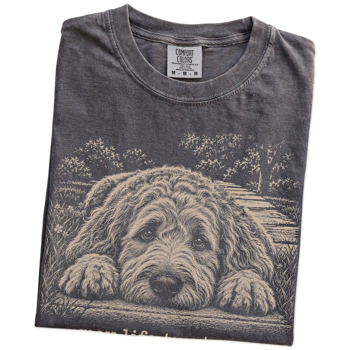 Goldendoodle Karma Comfort Colors T-shirt in Pepper — Folded Detail