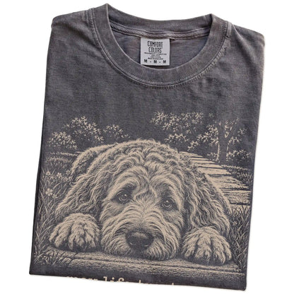 Goldendoodle Karma Comfort Colors T-shirt in Pepper — Folded Detail
