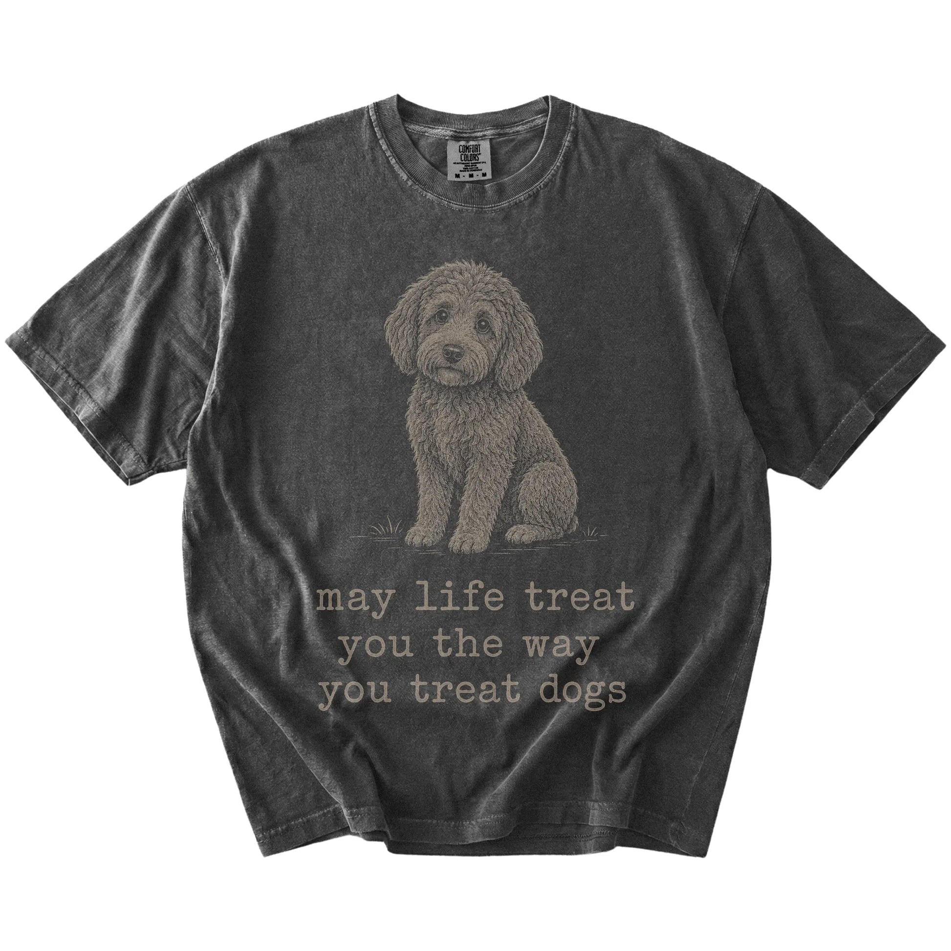 Pepper Goldendoodle Karma T-Shirt laid flat