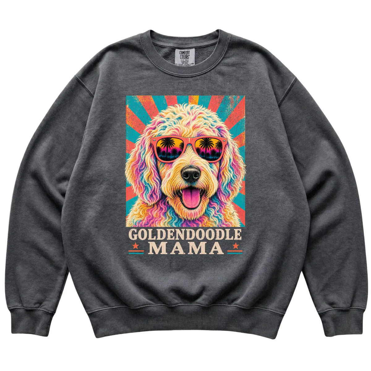 Retro Goldendoodle Mama design on a Pepper Comfort Colors sweatshirt
