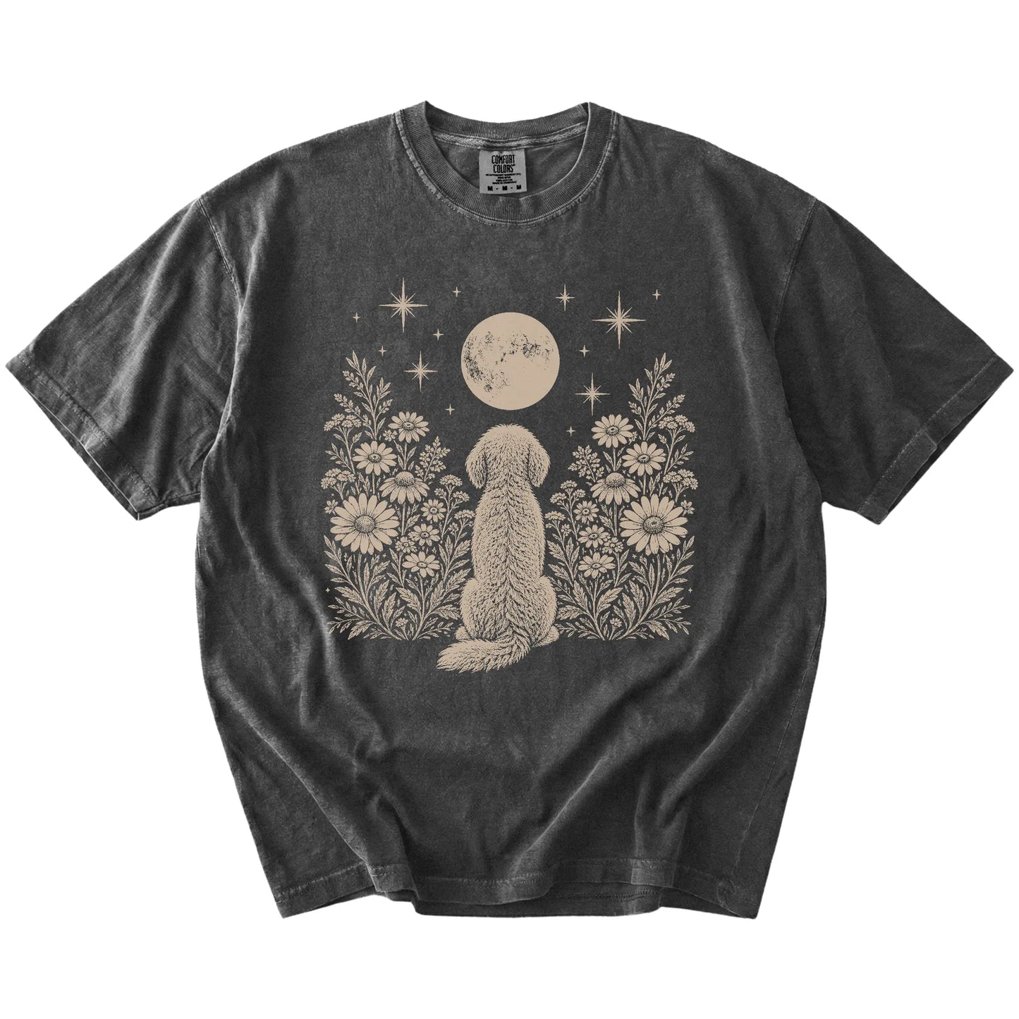 Goldendoodle beneath a wildflower moon on a Pepper Comfort Colors® T-shirt