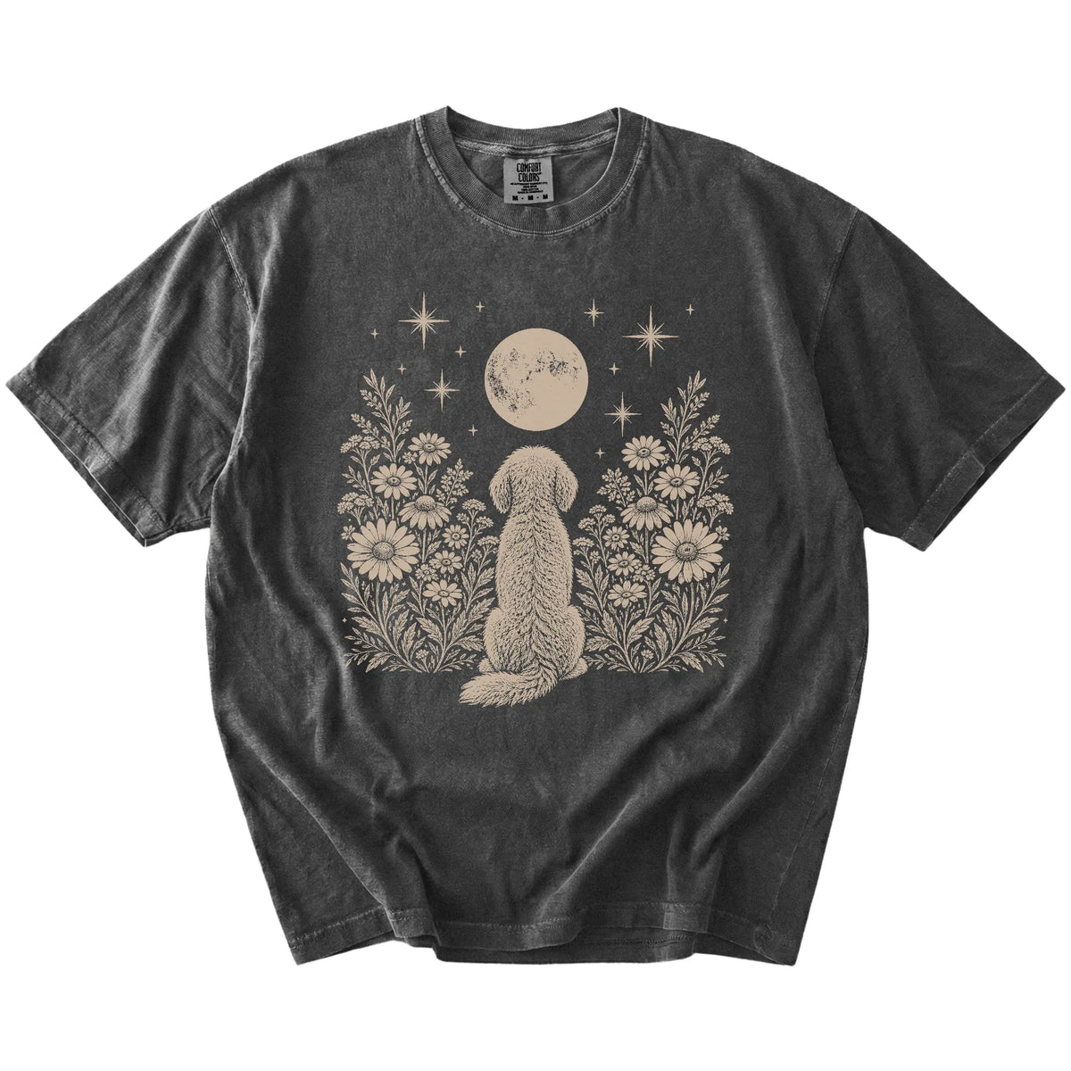 Goldendoodle beneath a wildflower moon on a Pepper Comfort Colors® T-shirt