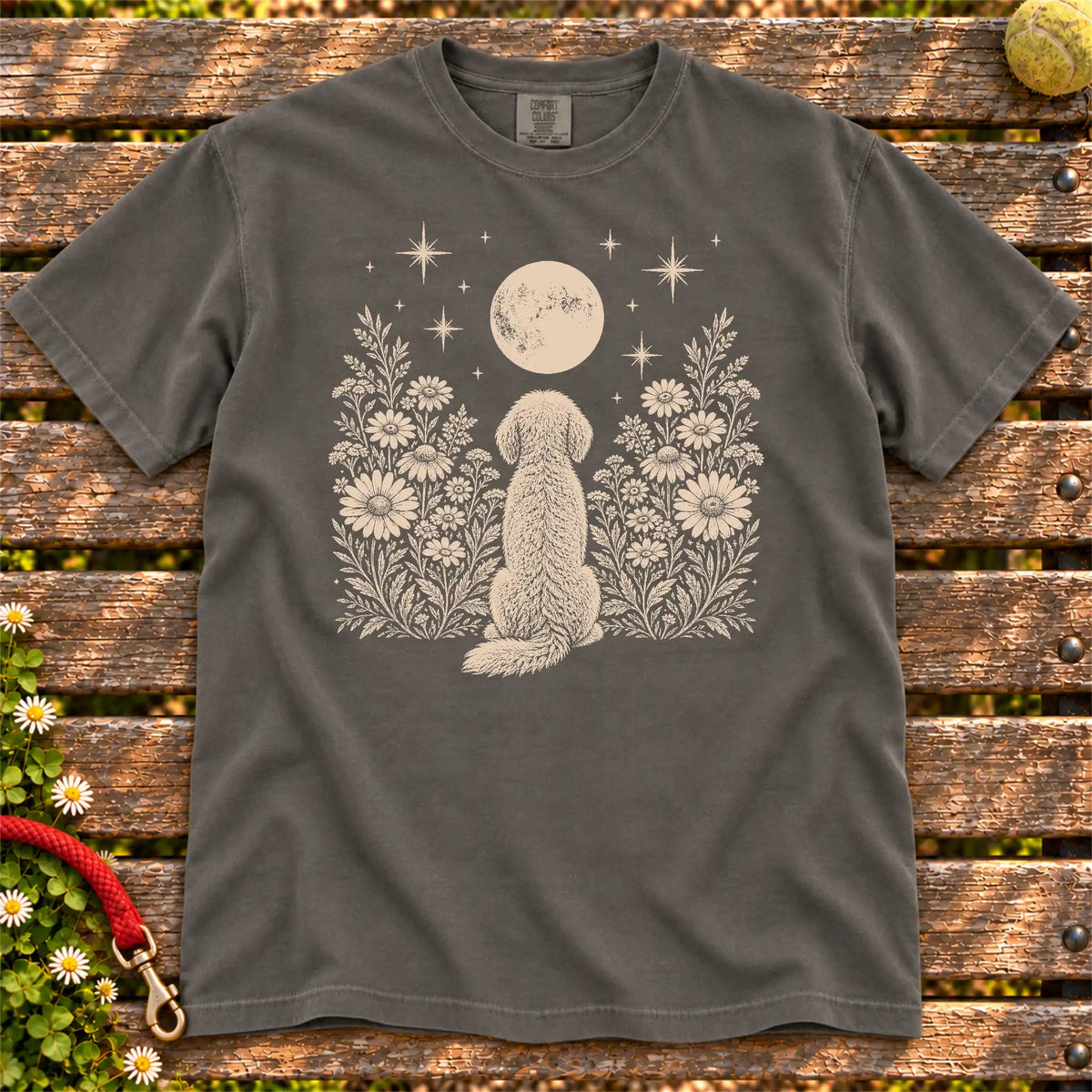 Goldendoodle Moon Garden on a Pepper T-shirt, shown flat