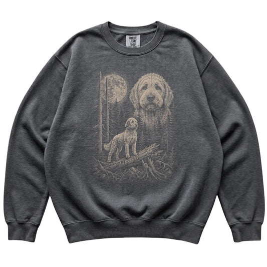 Pepper Goldendoodle Moonlit Forest Comfort Colors sweatshirt, flat view