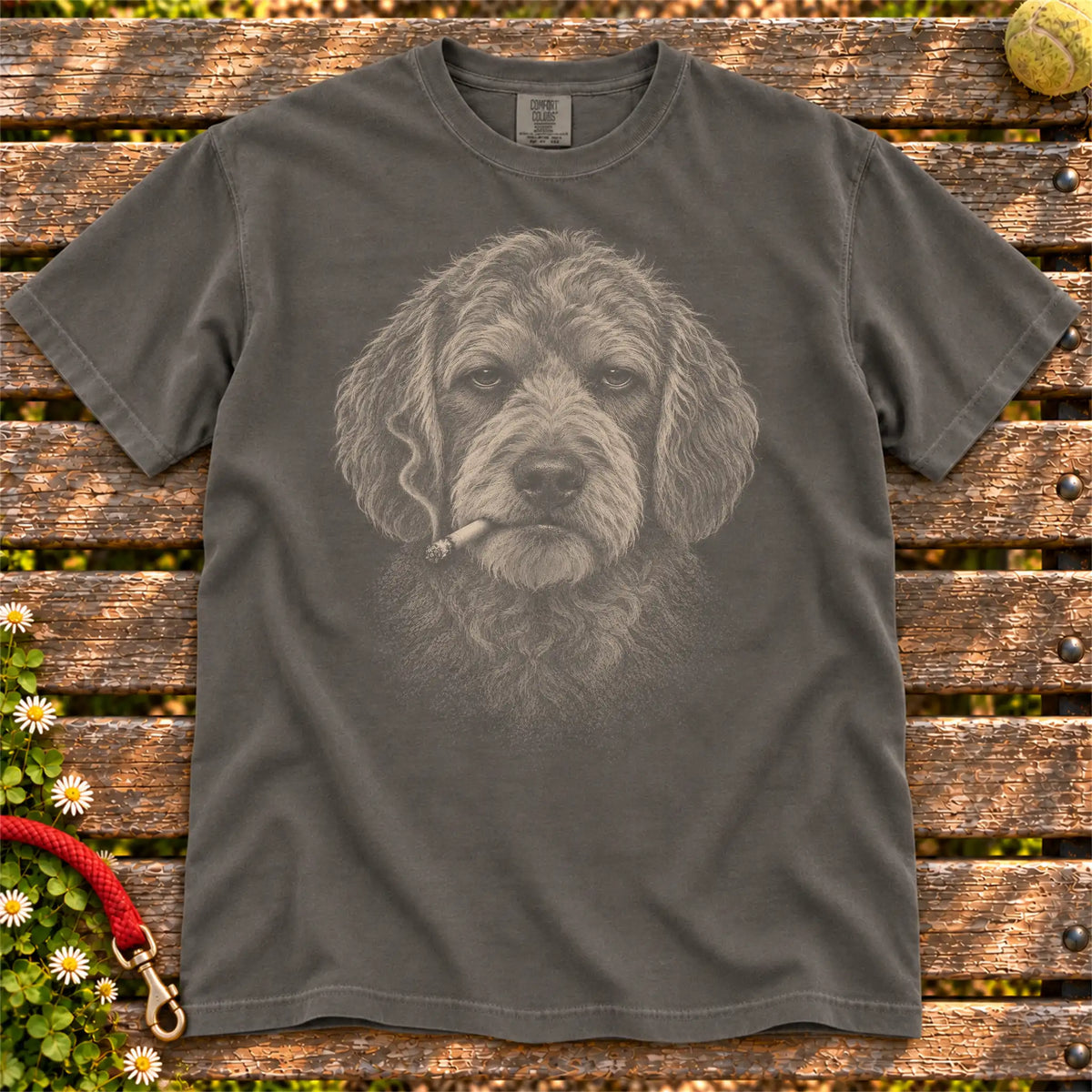 Goldendoodle smoking design on a Pepper t-shirt