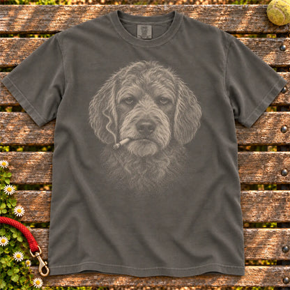 Goldendoodle smoking design on a Pepper t-shirt