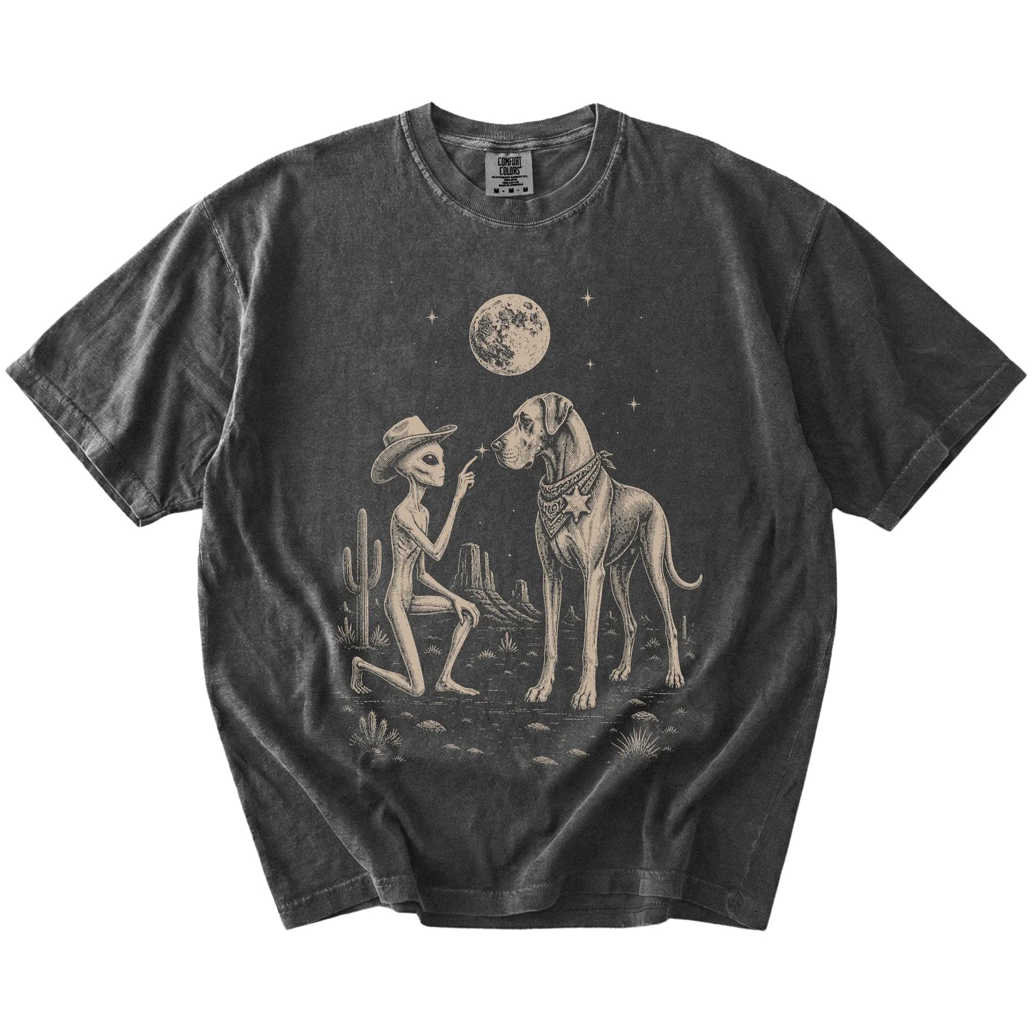 Cowboy alien fist-bumping a Great Dane beneath the moon on a Pepper Comfort Colors® T-shirt