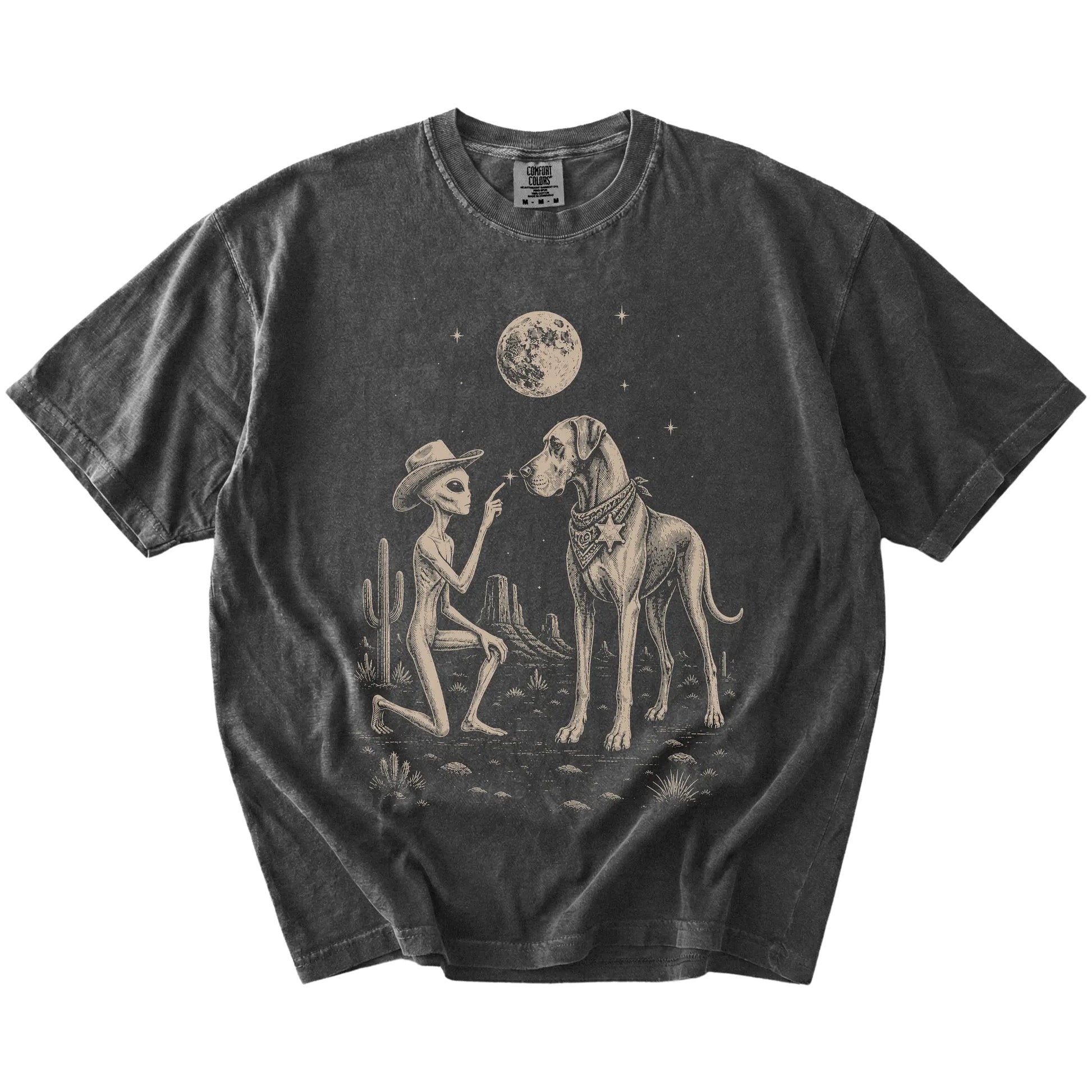 Cowboy alien fist-bumping a Great Dane beneath the moon on a Pepper Comfort Colors® T-shirt