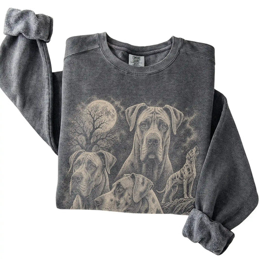 Pepper Comfort Colors sweatshirt featuring a Great Dane 1990s moon design