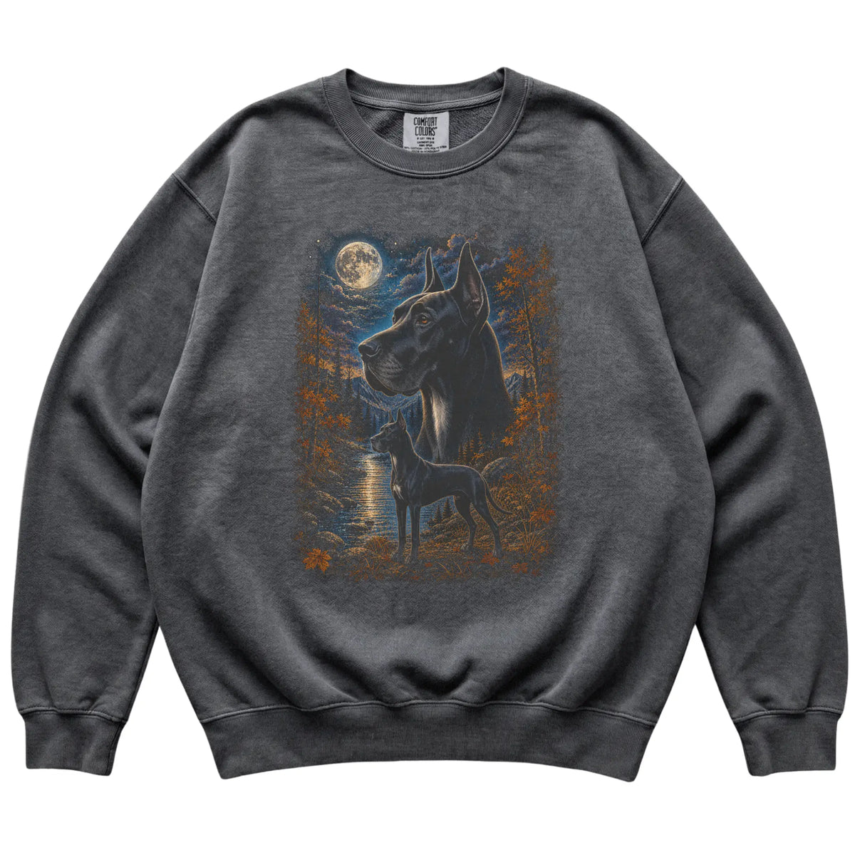 pepper sweatshirt with Great Dane Autumn Moon artwork.
