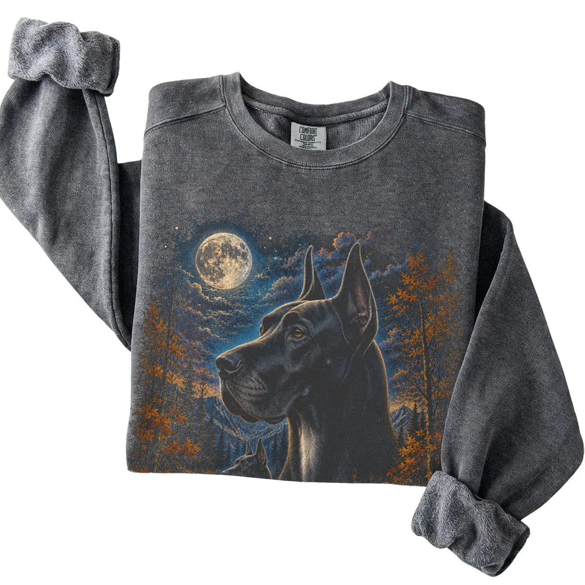 Folded pepper sweatshirt with Great Dane Autumn Moon artwork.