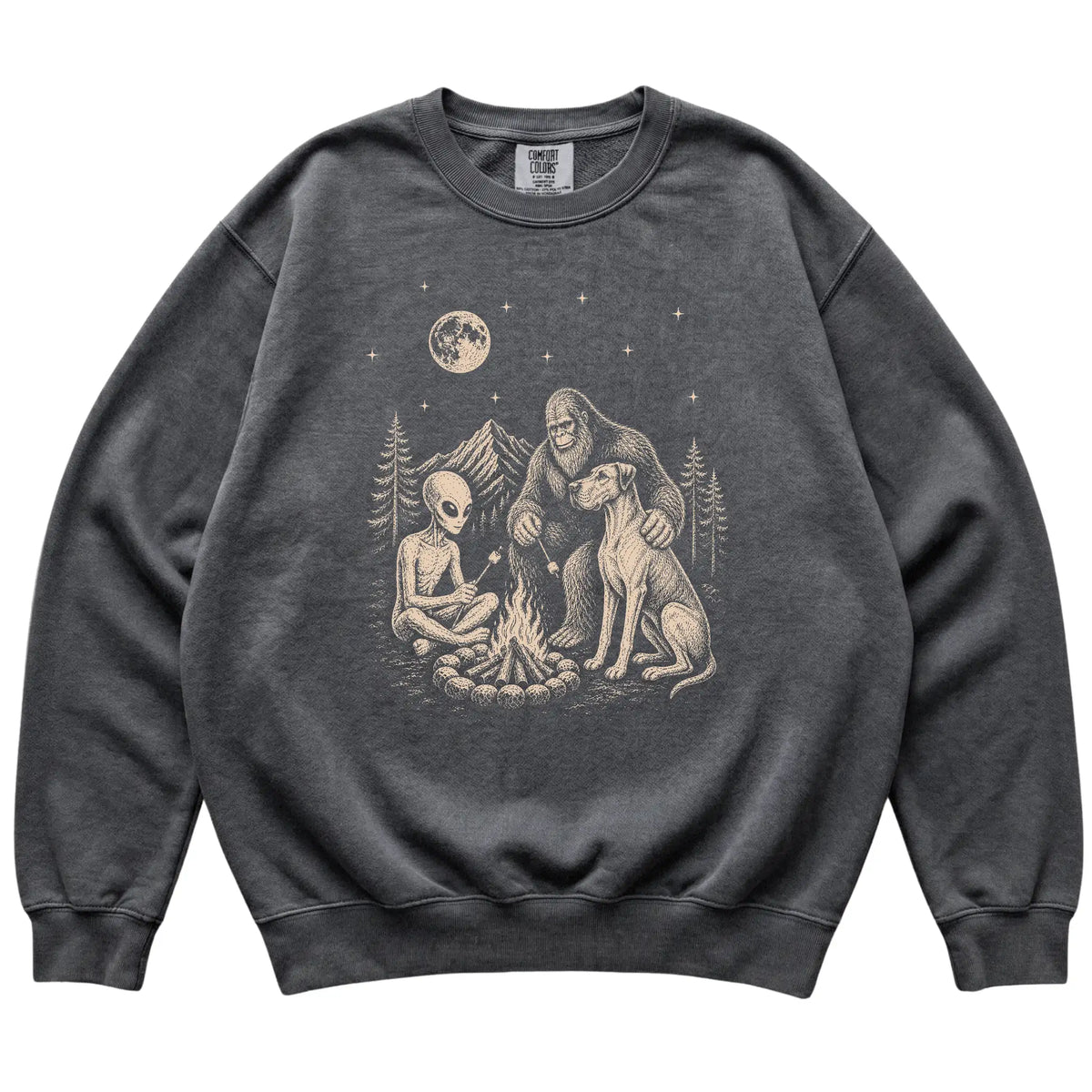 Pepper Great Dane Camping with Bigfoot and Alien shirt laid flat