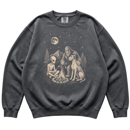 Pepper Great Dane Camping with Bigfoot and Alien shirt laid flat