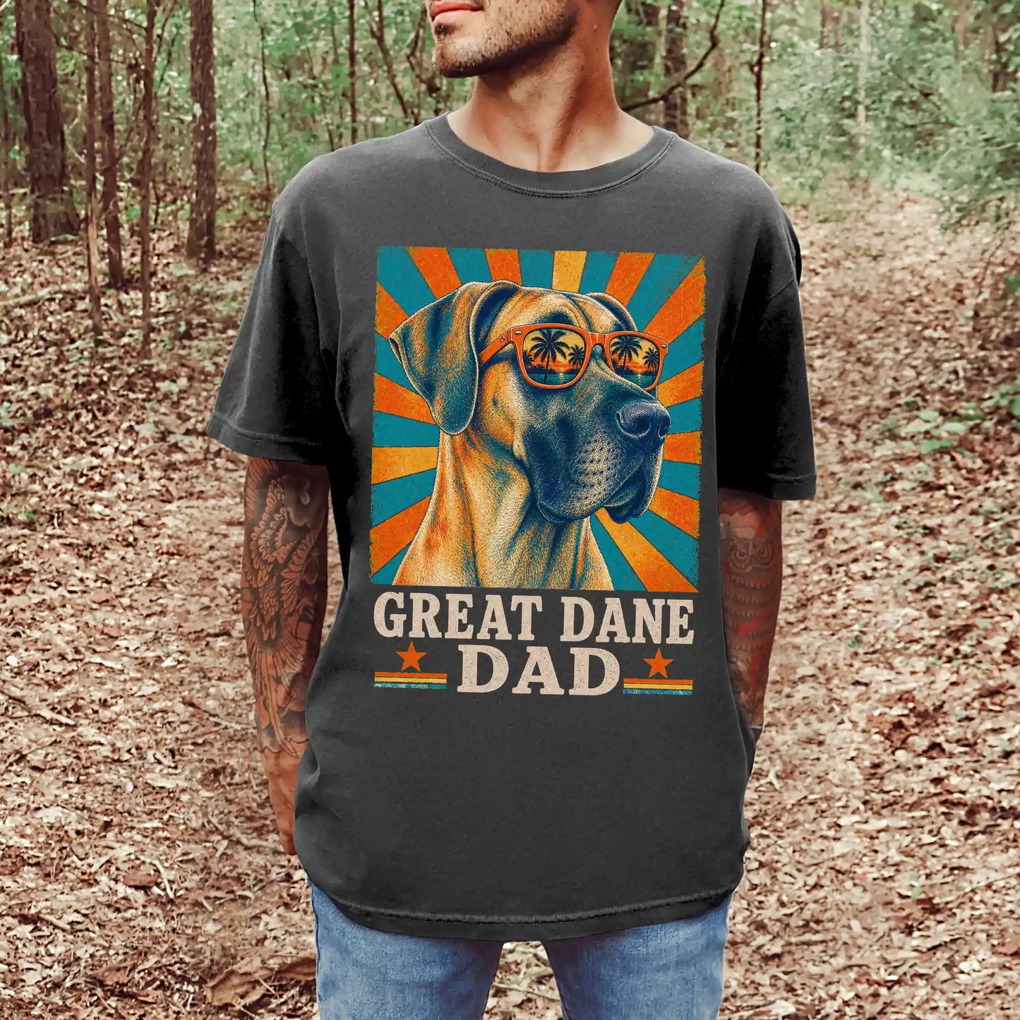 Retro Great Dane Dad design on a Pepper Comfort Colors T-shirt worn by a model