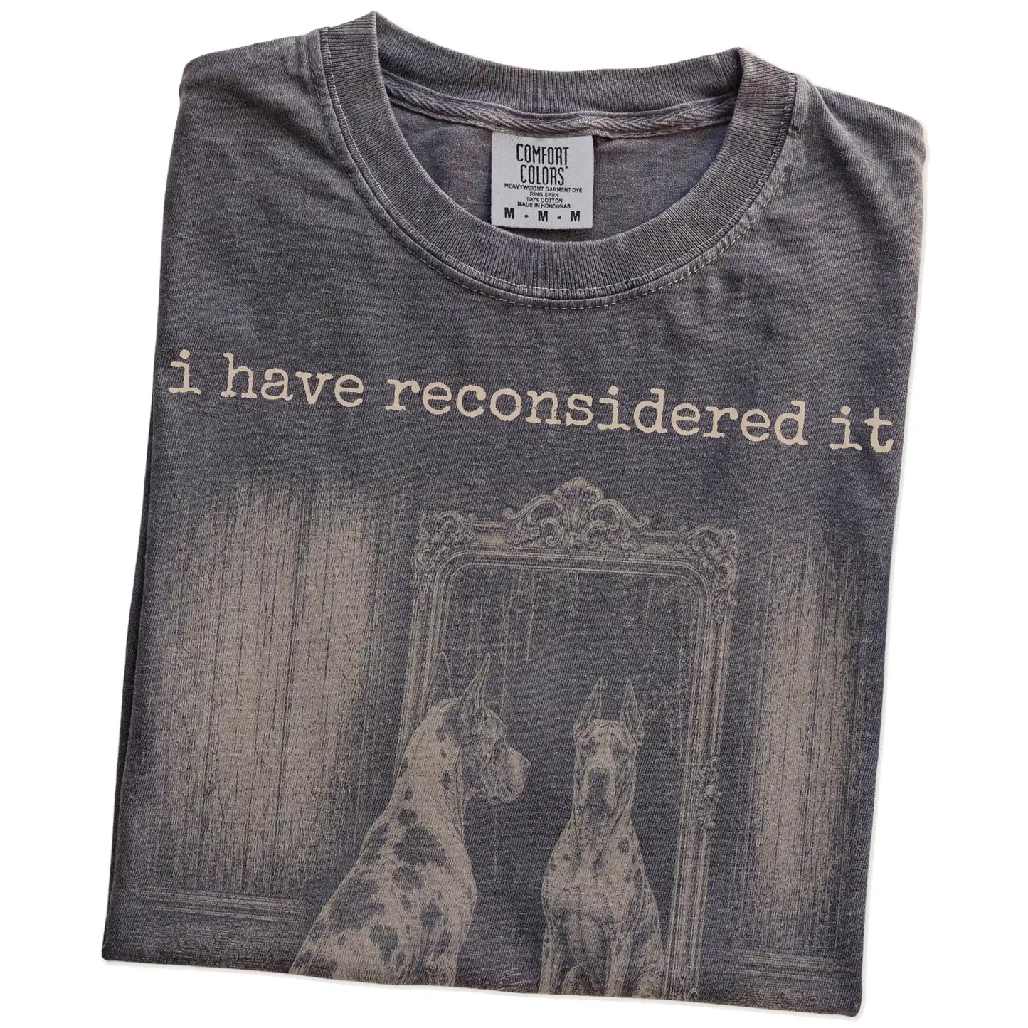 Folded Pepper Comfort Colors® T-shirt showing “the answer is still no” great dane design