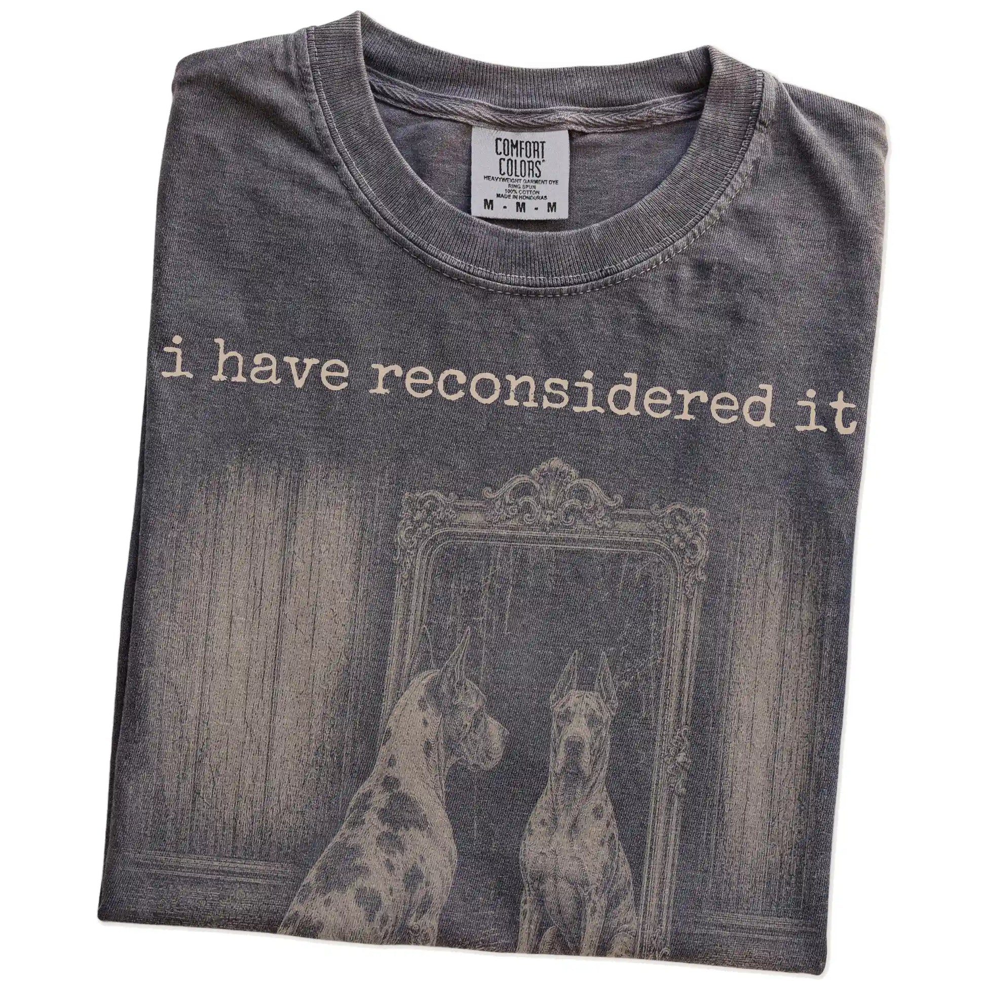 Folded Pepper Comfort Colors® T-shirt showing “the answer is still no” great dane design