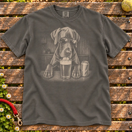 Great Dane Drinking Beer design on a Pepper Comfort Colors T-shirt, shown flat