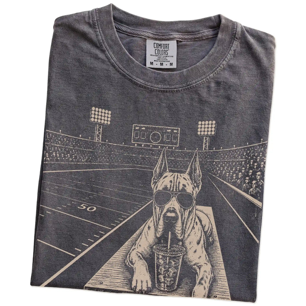 Folded Pepper Comfort Colors® T-shirt showing Great Dane ready for football and tailgate season