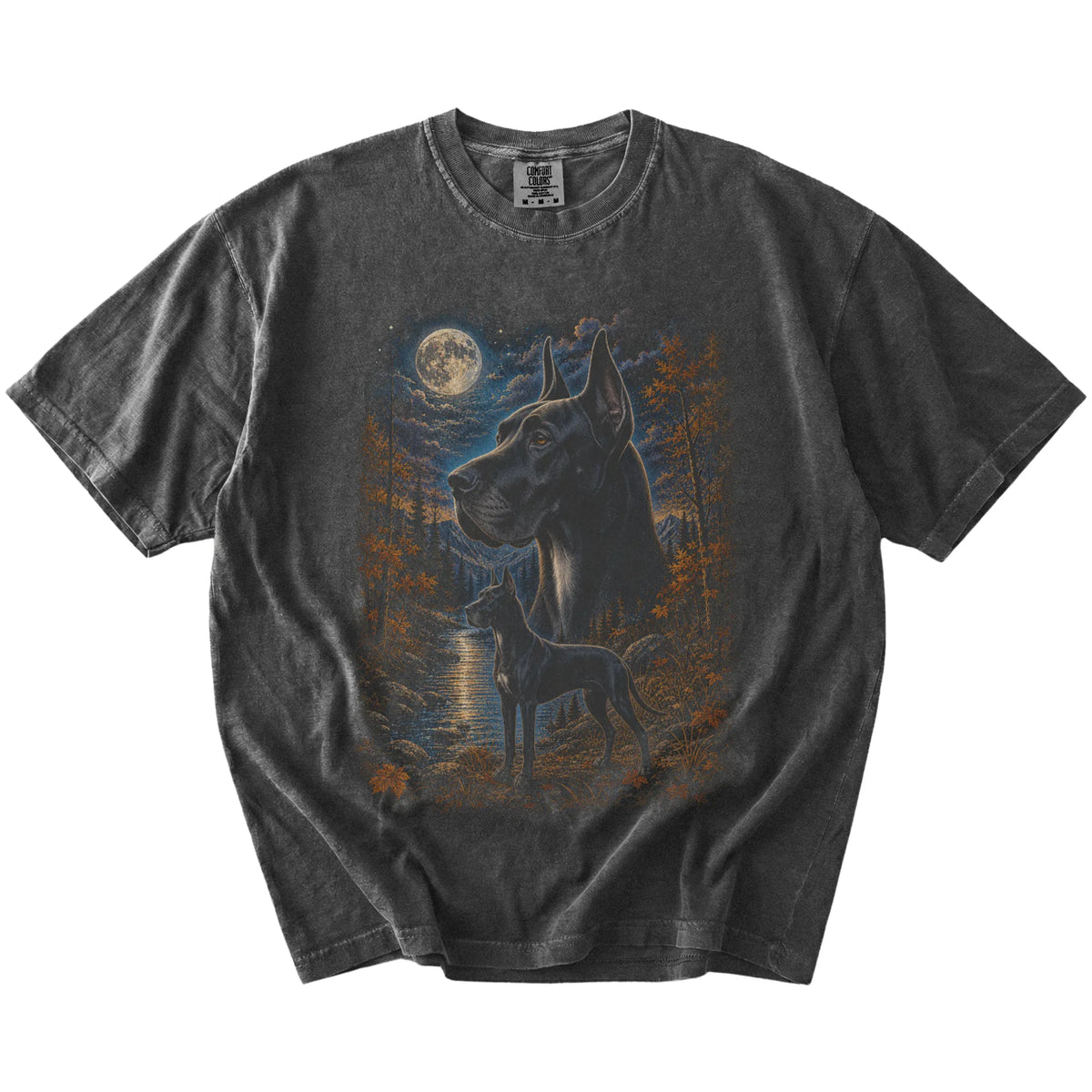 Great Dane in a moonlit fall forest scene on a Pepper Comfort Colors® t-shirt