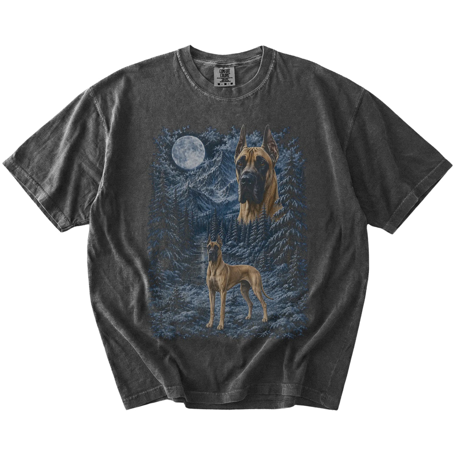 Great Dane in a snowy winter forest on a Pepper t-shirt