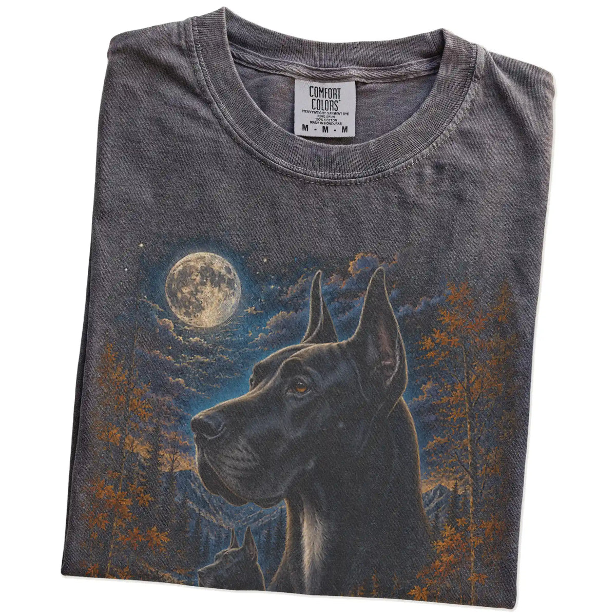 Folded Pepper Comfort Colors® t-shirt showing Great Dane in a fall forest graphic