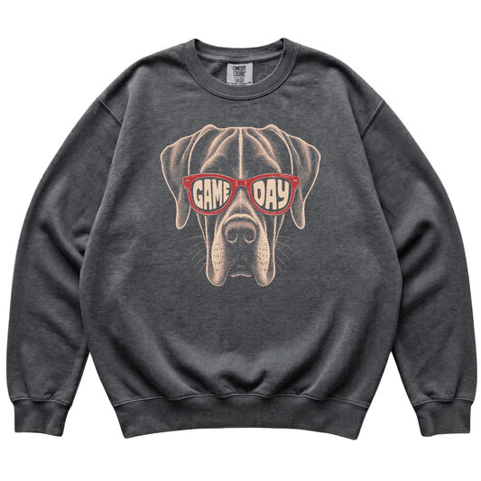 Pepper Great Dane Game Day Sunglasses sweatshirt, laid flat