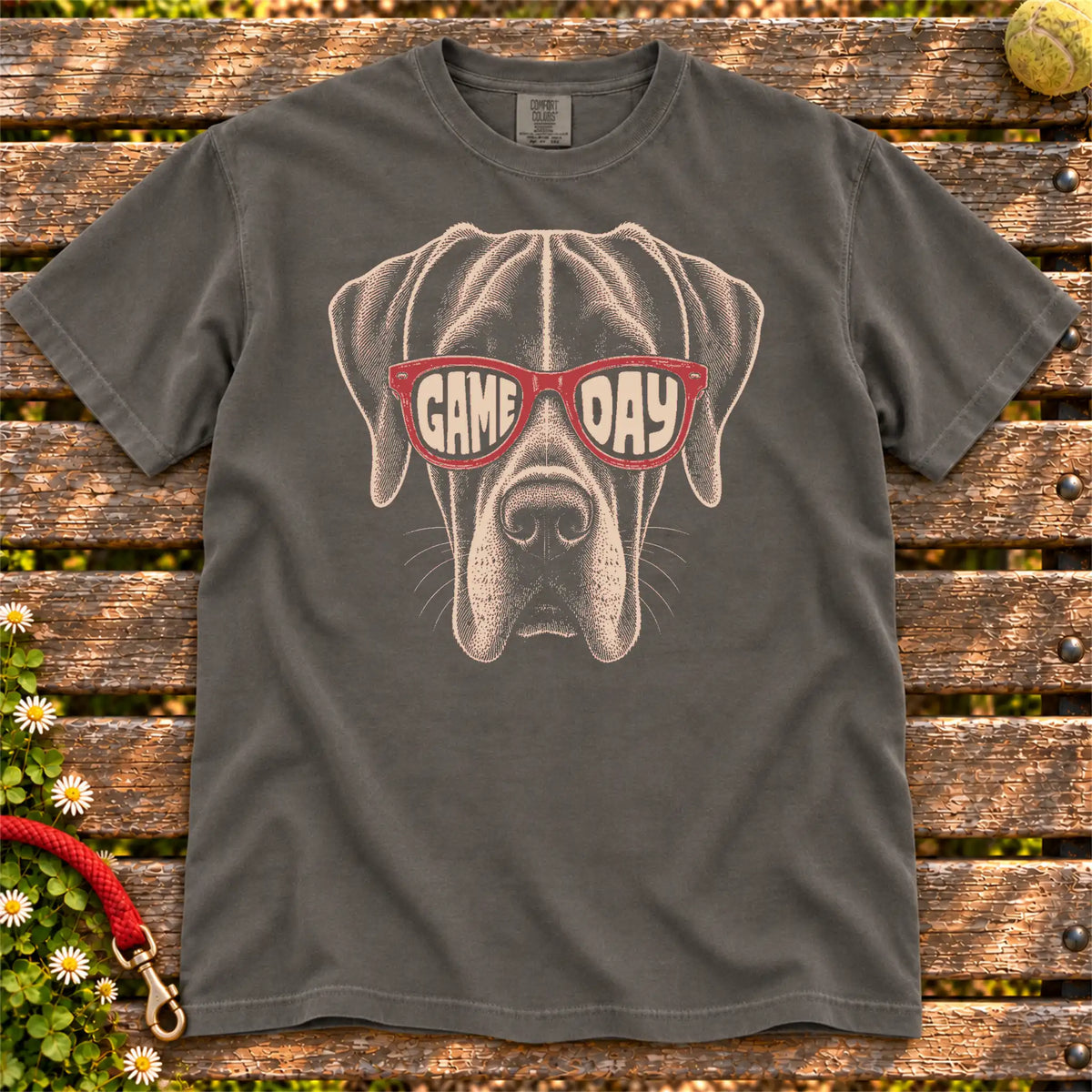 Great Dane Game Day design on a Pepper Comfort Colors T-shirt, shown flat