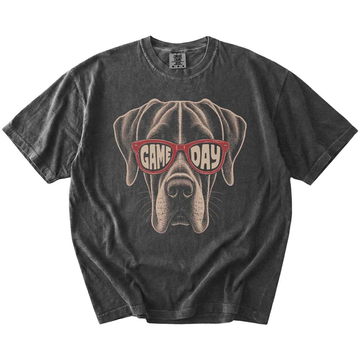 Great Dane wearing red Game Day sunglasses on a Pepper Comfort Colors® T-shirt