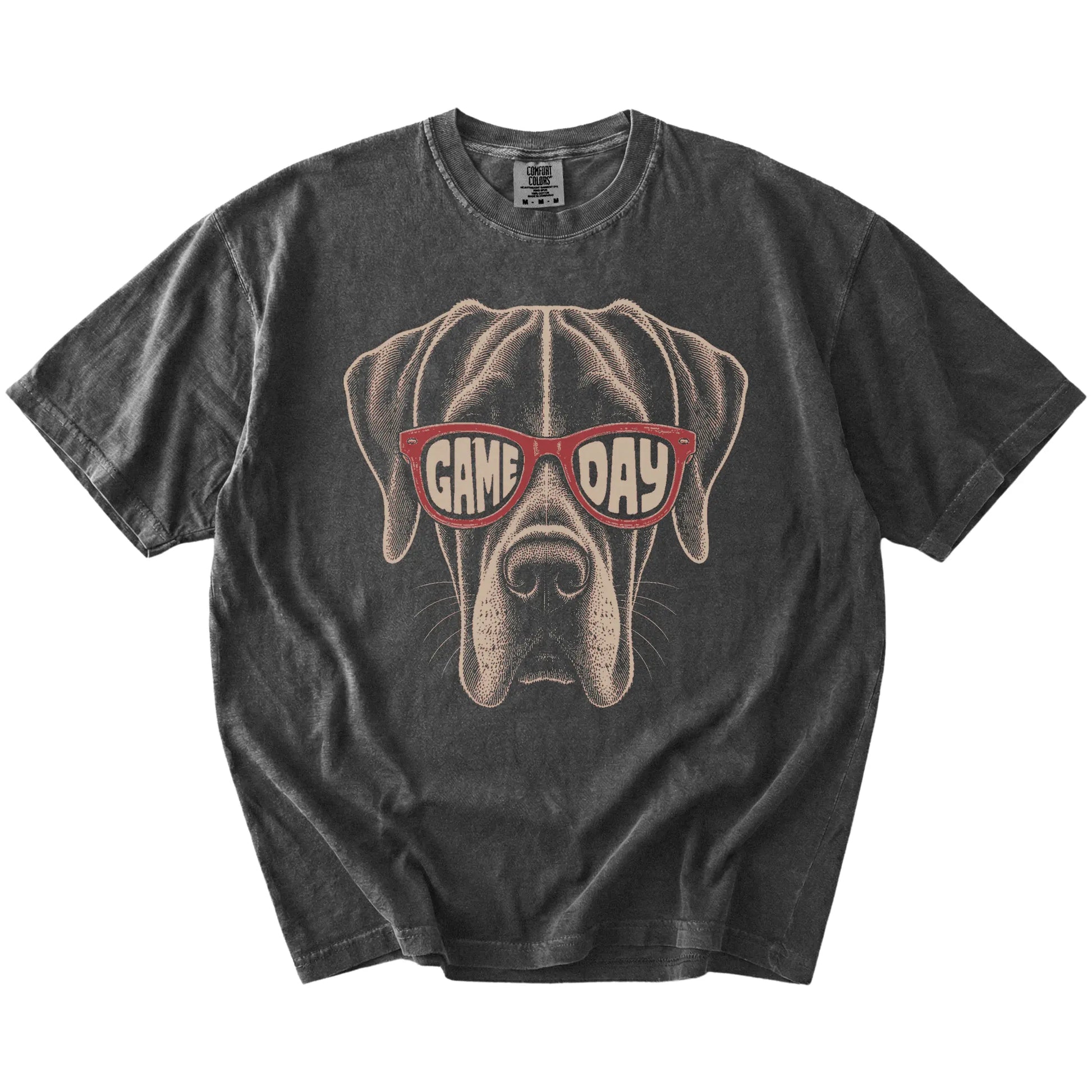 Great Dane wearing red Game Day sunglasses on a Pepper Comfort Colors® T-shirt