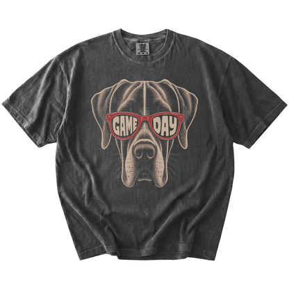 Great Dane wearing red Game Day sunglasses on a Pepper Comfort Colors® T-shirt
