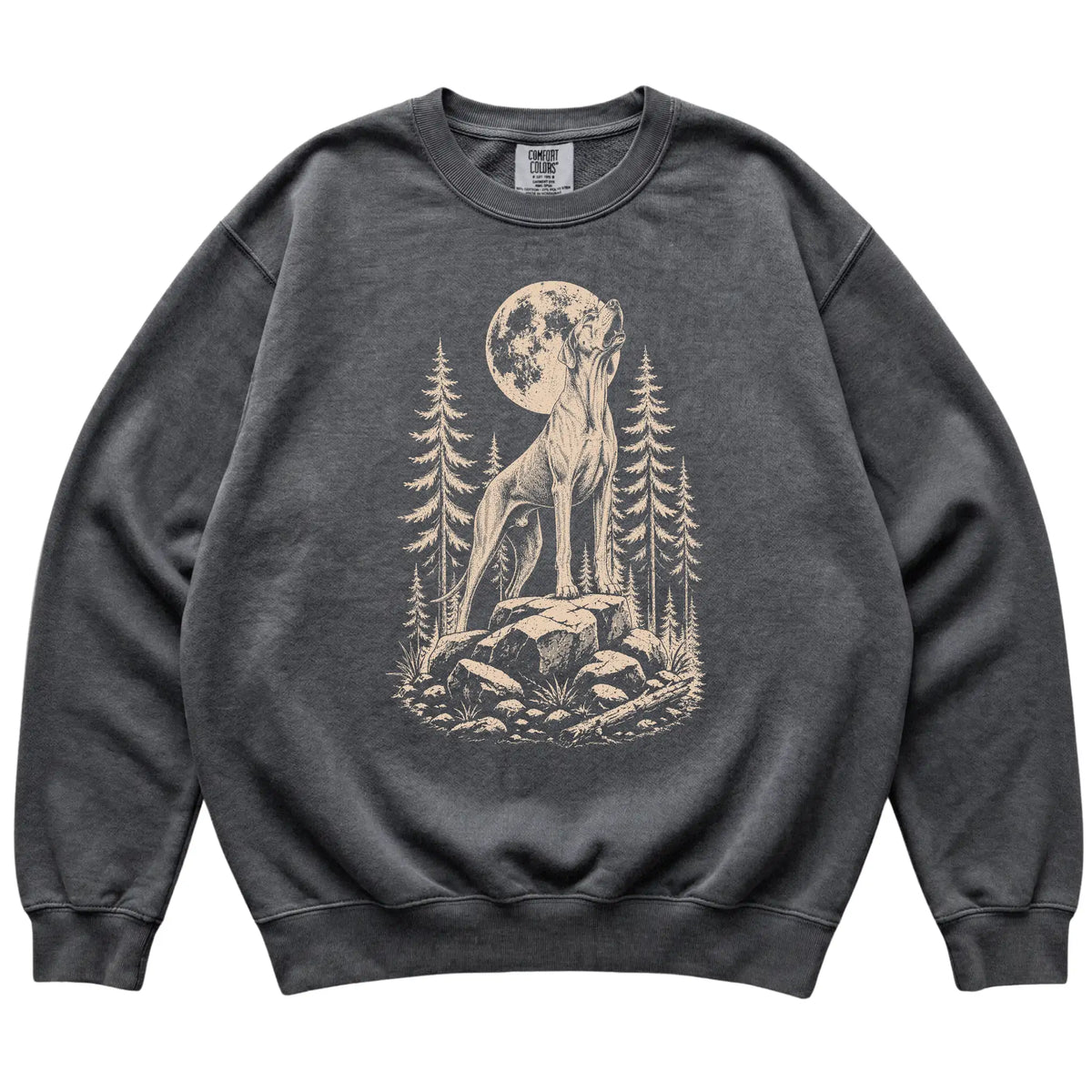 Close view of Great Dane Howling at the Moon artwork on Pepper Comfort Colors sweatshirt