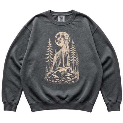 Close view of Great Dane Howling at the Moon artwork on Pepper Comfort Colors sweatshirt