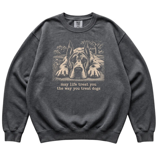 Great Dane Karma Comfort Colors sweatshirt in Pepper — Flat Lay