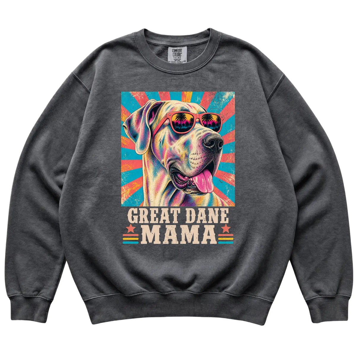 Retro Great Dane Mama design on a Pepper Comfort Colors sweatshirt